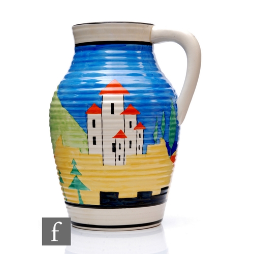 221 - Clarice Cliff - Applique Lucerne - A single handled Lotus Jug circa 1930, hand painted with a stylis... 