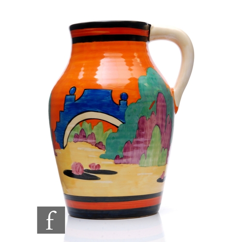 222 - Clarice Cliff - Applique Avignon (Orange) - A single handled Lotus jug circa 1930, hand painted with... 