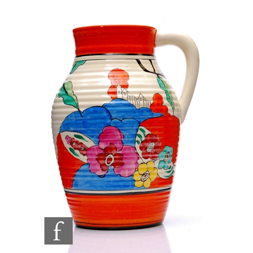 223 - Clarice Cliff - Alton Orange - A single handled Lotus jug circa 1933, hand painted with a stylised l... 