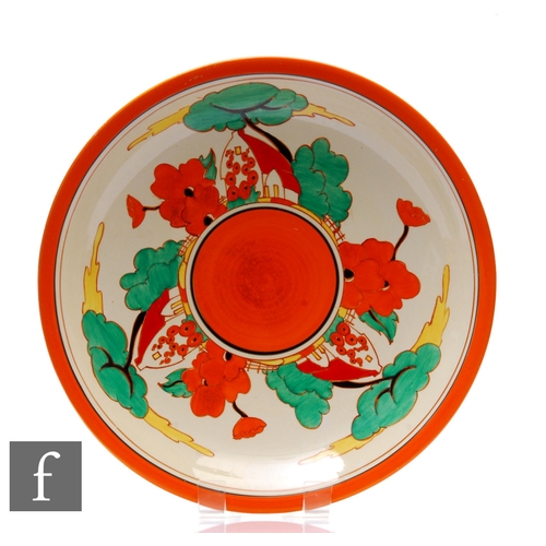 225 - Clarice Cliff - Red Roofs - A large dish form charger circa 1931, radially hand painted with a tripl... 