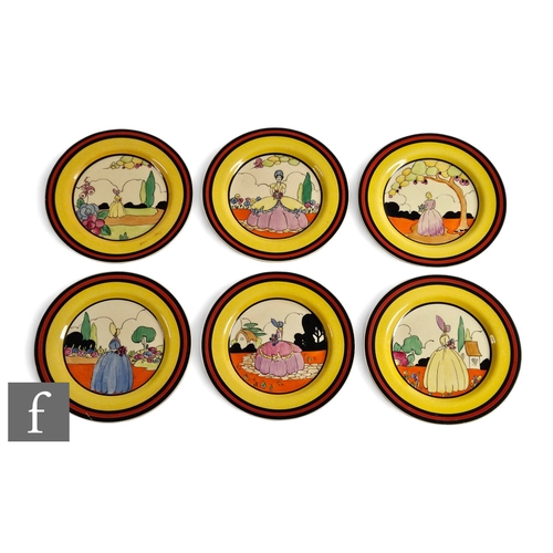 226 - Clarice Cliff - Applique Idyll - A set of six circular side plates circa 1933, each hand painted wit... 