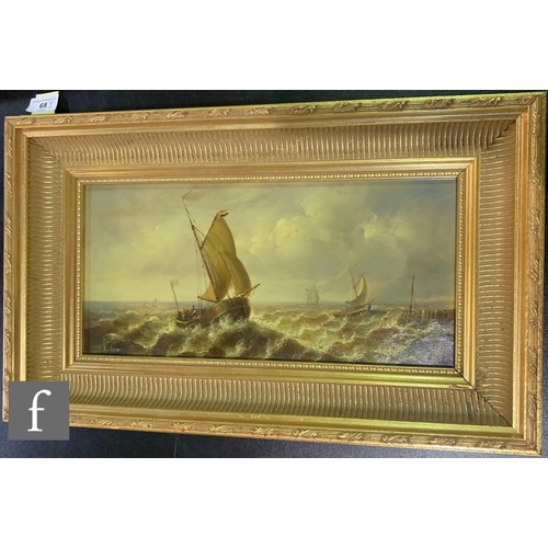 68 - JEAN LAURENT (FRENCH 1898-1988) - Dutch fishing boats in a swell, oil on panel, signed, framed, 20cm... 