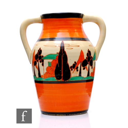 227 - Clarice Cliff - Orange Trees & House - A twin handled Lotus jug circa 1930, hand painted with a ... 