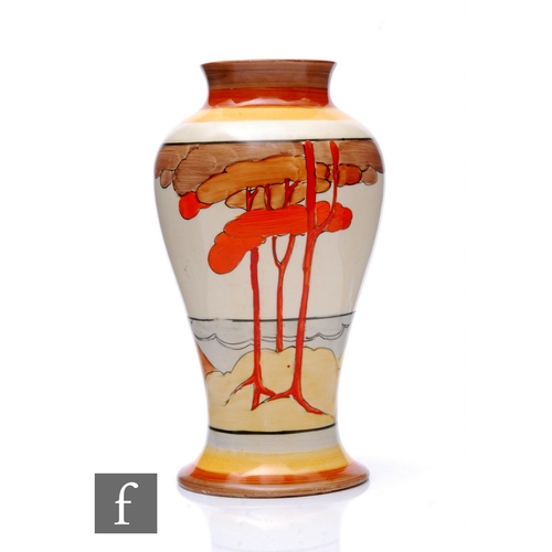 230 - Clarice Cliff - Coral Firs - A shape 14 Mei Ping vase circa 1932, hand painted with a stylised coast... 