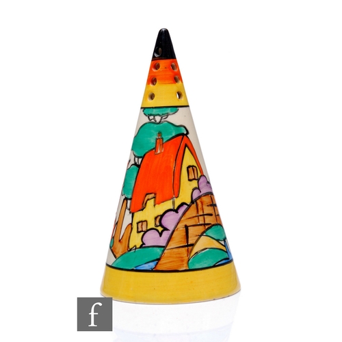 233 - Clarice Cliff - Orange Roof Cottage - A conical sugar sifter circa 1932, hand painted with a stylise... 