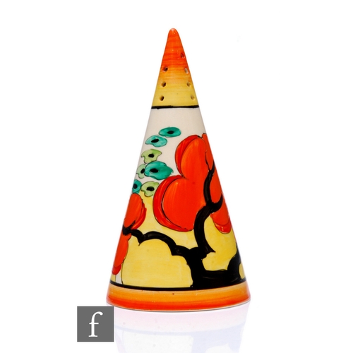 235 - Clarice Cliff - Orange Erin - A Conical sugar sifter circa 1933, hand painted with stylised tree and... 