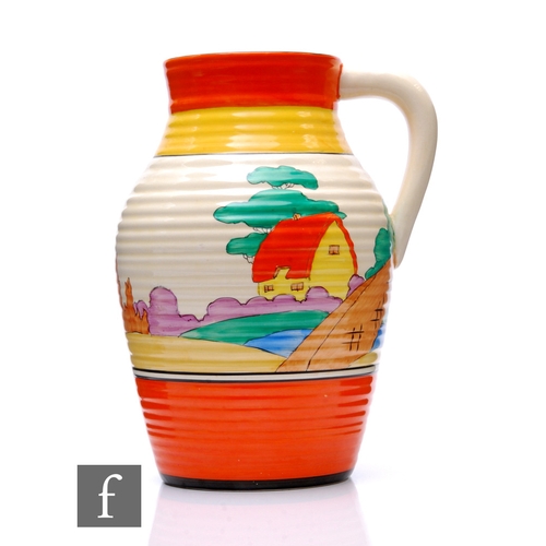 240 - Clarice Cliff - Orange Roof Cottage - A single handled Lotus jug circa 1932, hand painted with a sty... 