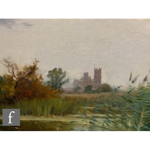 94 - FREDERICK WILLIAM NEWTON WHITEHEAD (1853-1938) - A river scene with reed bed and a church in the dis... 