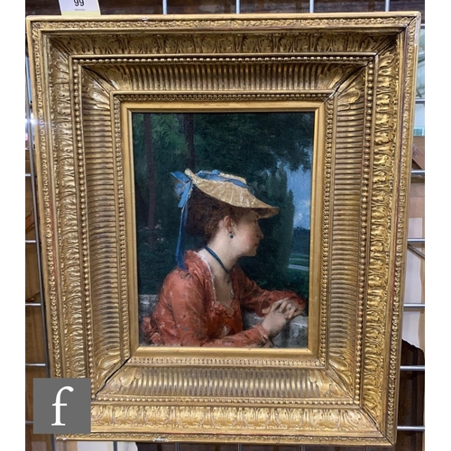 99 - P. BERTRAM (LATE 19TH CENTURY) - Pensive young lady looking over a garden, signed indistinctly, oil ... 