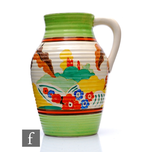 241 - Clarice Cliff - Alton Green - A single handled Lotus jug circa 1933, hand painted with a stylised la... 