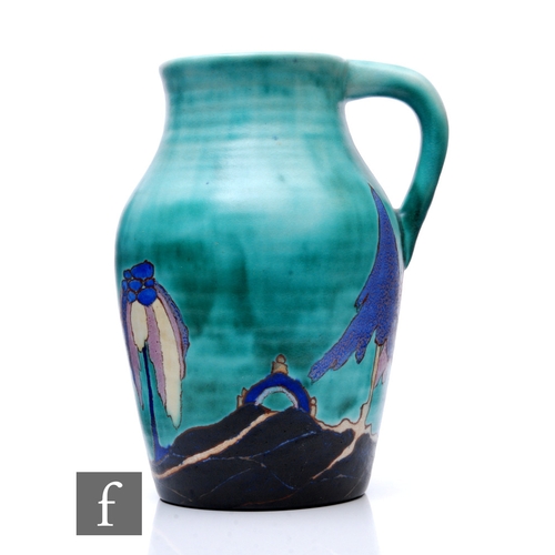 243 - Clarice Cliff - Inspiration Caprice - A single handled Lotus jug circa 1930, hand painted with a sty... 