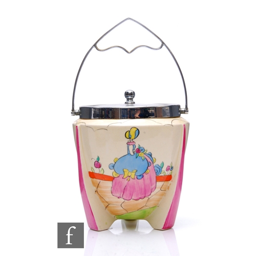 257 - Clarice Cliff - Applique Idyll - A shape 478 bomb form biscuit barrel circa 1931, hand painted with ... 