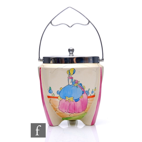 258 - Clarice Cliff - Applique Idyll - A shape 478 bomb form biscuit barrel circa 1931, hand painted with ... 