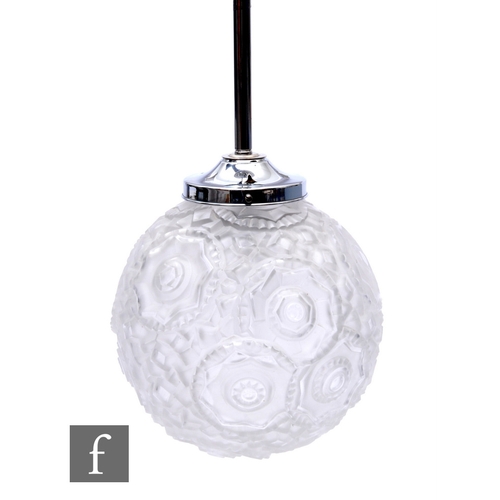 690 - Pierre Maynadier - A 1930s Art Deco pendant ceiling light, the frosted glass spherical shade with ei... 