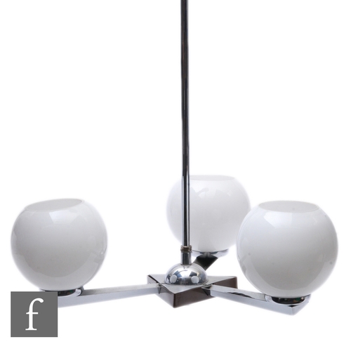 692 - Napako Lighting - A 1930s Art Deco ceiling light fitting, the triform centre with three arms support... 