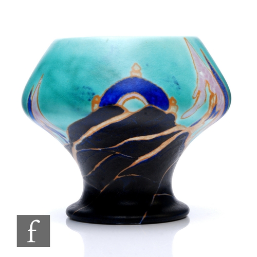 259 - Clarice Cliff - Inspiration Caprice - A shape 341 vase circa 1930, hand painted with a stylised land... 