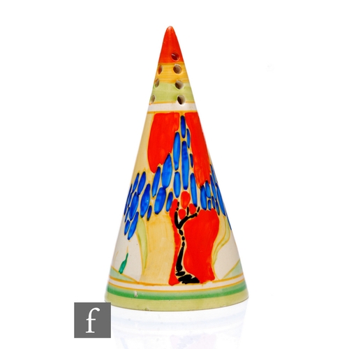 263 - Clarice Cliff - Windbells - A Conical shape sugar sifter circa 1933, hand painted with a stylised tr... 