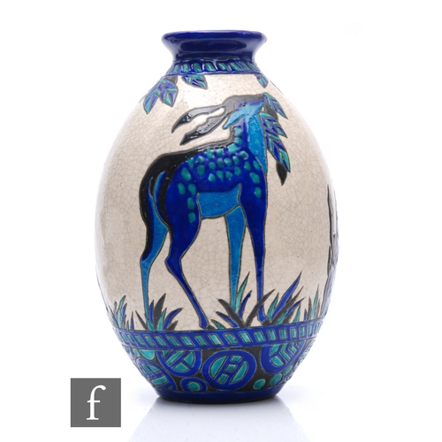 600 - Charles Catteau - Boch Freres - An Art Deco vase of ovoid form, incised and enamelled with deer in t... 