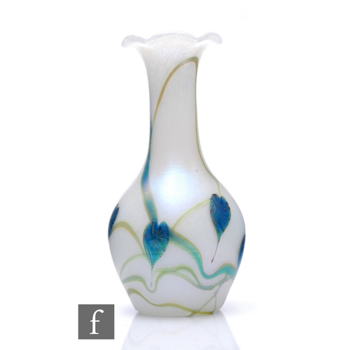 1170 - Okra - A later 20th Century studio glass vase of ovoid form with tall collar neck and frill rim, dec... 