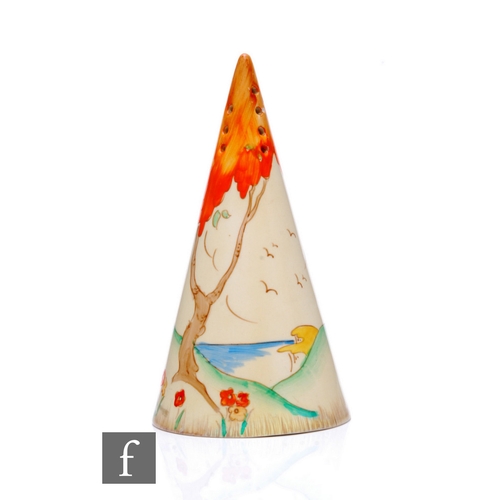 273 - Clarice Cliff - Taormina Orange - A conical sugar sifter circa 1936, hand painted with a tree to a c... 