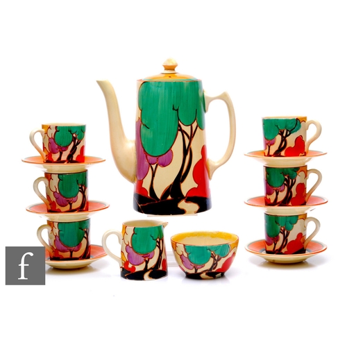 285 - Clarice Cliff - Green Autumn - A Tankard shape coffee set circa 1930, hand painted with a stylised t... 