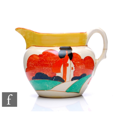 292 - Clarice Cliff - Farmhouse - A small size Perth jug circa 1932, hand painted with a stylised house to... 