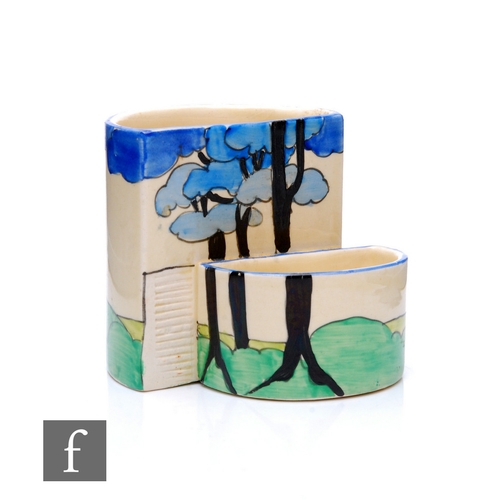 293 - Clarice Cliff - Blue Firs - A shape 463 cigarette and match holder circa 1933, hand painted with a s... 