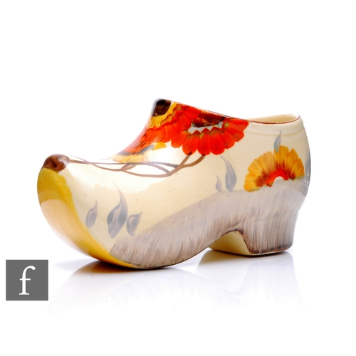 295 - Clarice Cliff - Rhodanthe - A large Sabot or clog circa 1936, hand painted with a stylised tree land... 