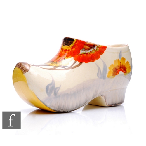 296 - Clarice Cliff - Rhodanthe - A large Sabot or clog circa 1936, hand painted with a stylised tree land... 