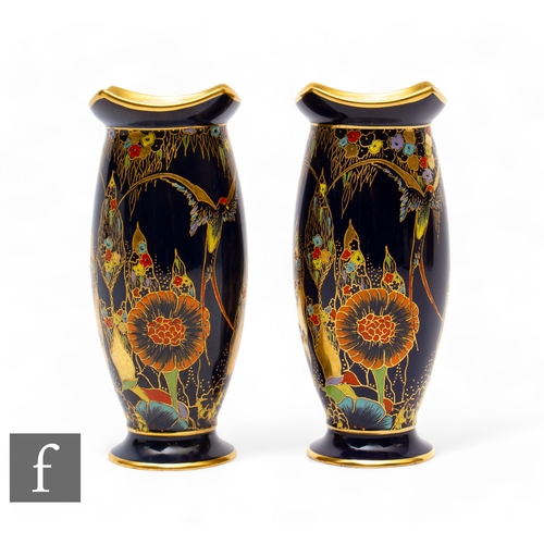 628 - Carlton Ware - A pair of Fantasia pattern vases, of elongated ovoid form with square swept rim, poly... 