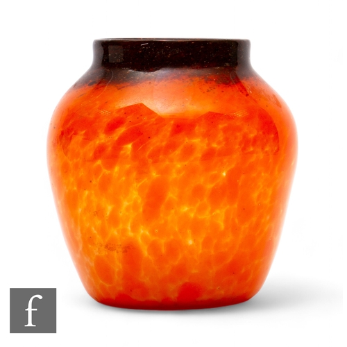 669 - Monart - A 1930s glass vase, shape IX, of ovoid form with collar neck, in mottled orange with amethy... 