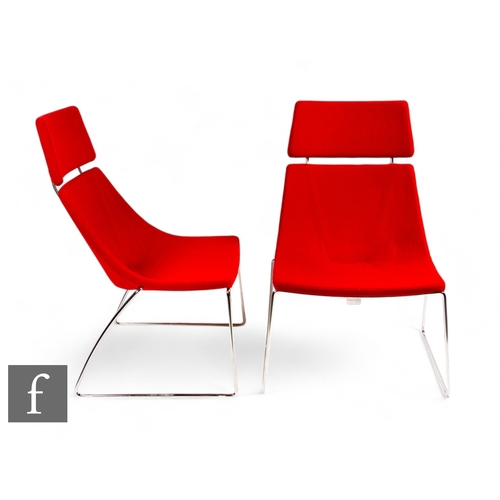 1299 - Gresham - A pair of 'Adore' AD1 low armchairs with headrests, in vibrant red soft fabric, height 96c... 