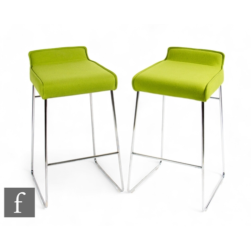 1300 - Allermuir Studio - A pair of 'Tommo' bar stools in lime green fabric with polished chrome frame, hei... 