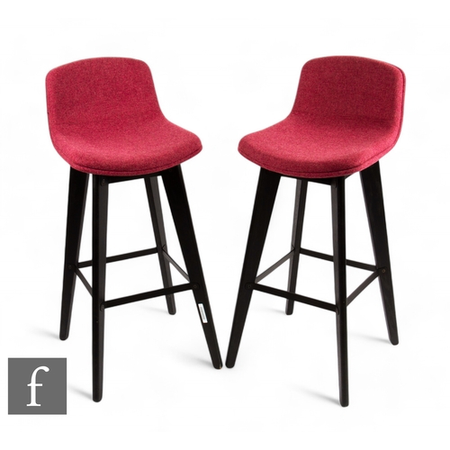 1307 - Orangebox - A pair of 'Coze' stools, black wooden splayed legs and purple soft fabric, height 99cm. ... 