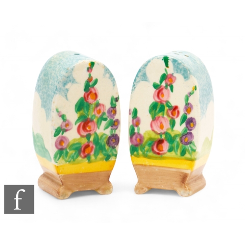 297 - Clarice Cliff - Hollyhocks - A pair of Bon Jour shape salt and pepper pots circa 1936, each hand pai... 