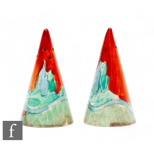 298 - Clarice Cliff - Forest Glen - A pair of Conical shape salt and pepper pots each hand painted with a ... 