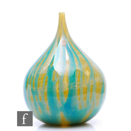 1019 - Michael Harris - Mdina - A glass vase of onion form, vertical tonal yellow and turquoise  striations... 