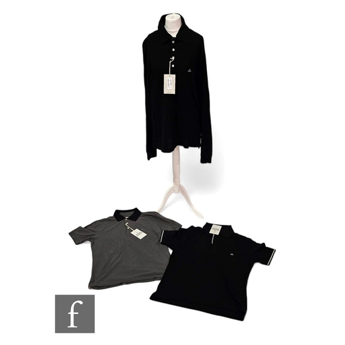 1331 - Vivienne Westwood - A long sleeve cotton black polo shirt, labelled XL, together with two short slee... 