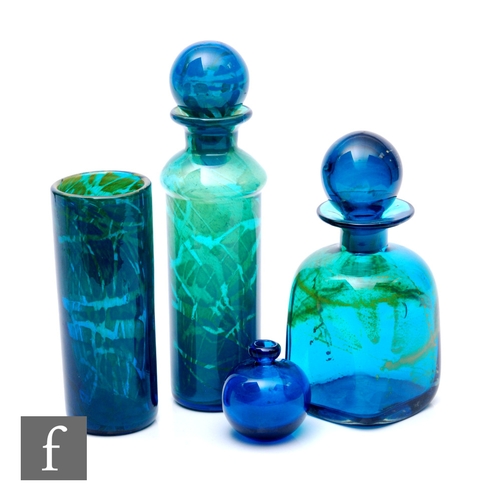1023 - Mdina - A later 20th Century studio glass decanter of cylinder form with compressed ovoid collar, dr... 