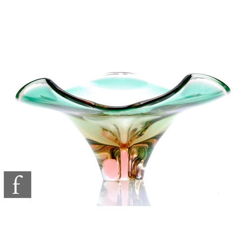 1037 - Josef Hodposka - Chribska - A mid Century glass bowl, heavy triform base rising to wide undulating r... 