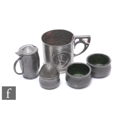 28 - Archibald Knox - Liberty & Co - An early 20th Century pewter cruet set, comprising two salts wit... 