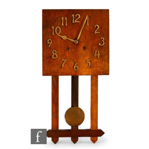 63 - Unattributed maker - An Arts & Crafts oak wall clock, the square dial with applied gilded numera... 