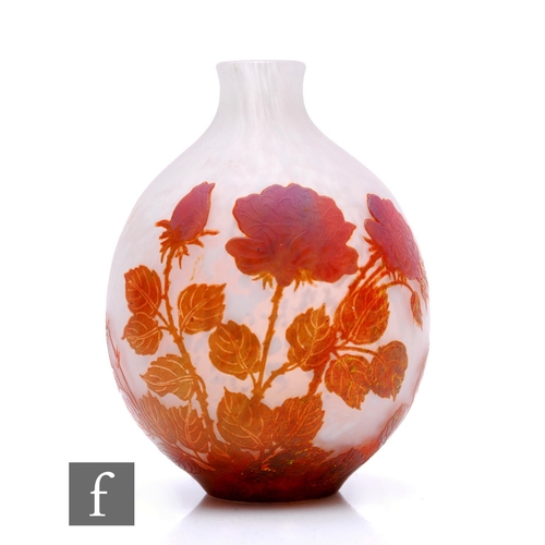 44 - Daum Nancy - A 1920s cameo glass vase of compressed ovoid form with narrow collar neck, cased in dee... 