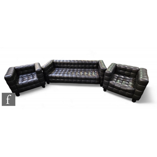 1314 - After Josef Hoffmann - Kubus - A contemporary black leather three piece suite comprising two seater ... 