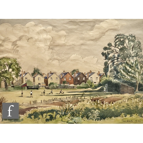 697 - Traci Martin - Figures playing football in a park, watercolour, signed and dated 1936 in pencil, fra... 