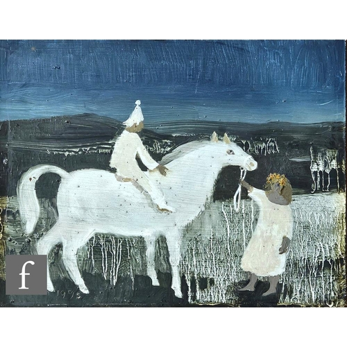 1279 - Mary Fedden OBE, RA, PPRWA (1915-2012) - Moonlit landscape with white horse and figures, oil on boar... 