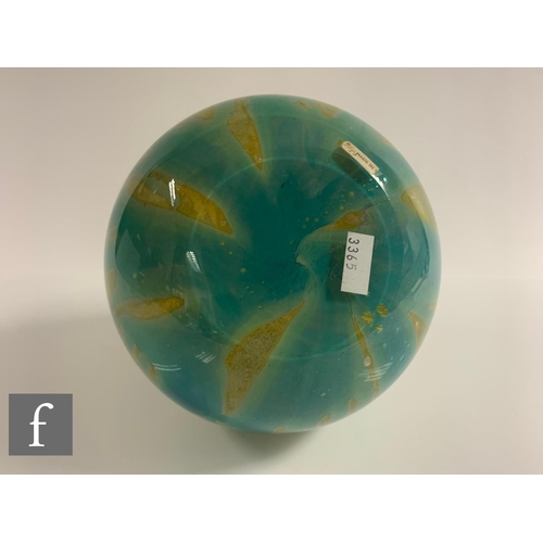 1019 - Michael Harris - Mdina - A glass vase of onion form, vertical tonal yellow and turquoise  striations... 