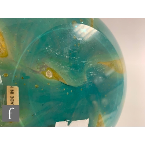 1019 - Michael Harris - Mdina - A glass vase of onion form, vertical tonal yellow and turquoise  striations... 