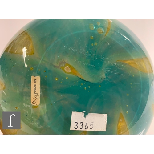 1019 - Michael Harris - Mdina - A glass vase of onion form, vertical tonal yellow and turquoise  striations... 