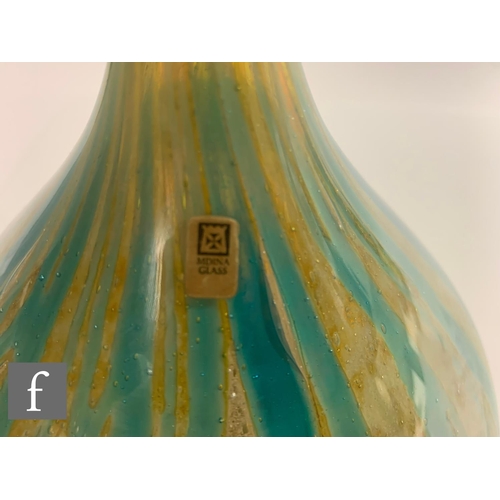 1019 - Michael Harris - Mdina - A glass vase of onion form, vertical tonal yellow and turquoise  striations... 